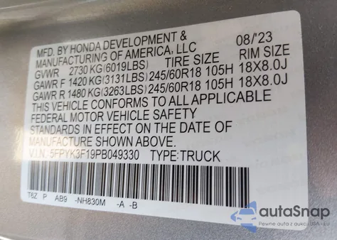 2023 Honda Ridgeline Sport из США, поврежденный, VIN 5FPYK3F19PB049330